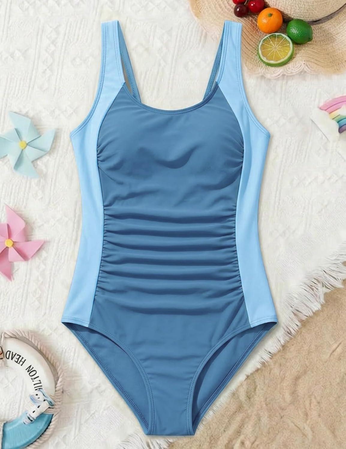 Arssm Girls Swimsuit Teen Girl One Piece Swimsuit Ruched Bathing Suit Adjustable Straps Padded Swimwear 9-16Y(Blue)