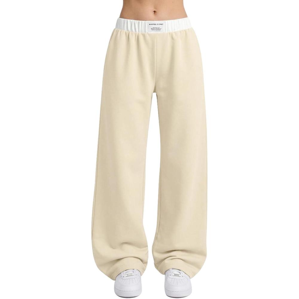 Arssm Girls Wide Leg Sweatpants Baggy Pants Letter Patched Elastic Waist Long Trousers Joggers(Khaki)