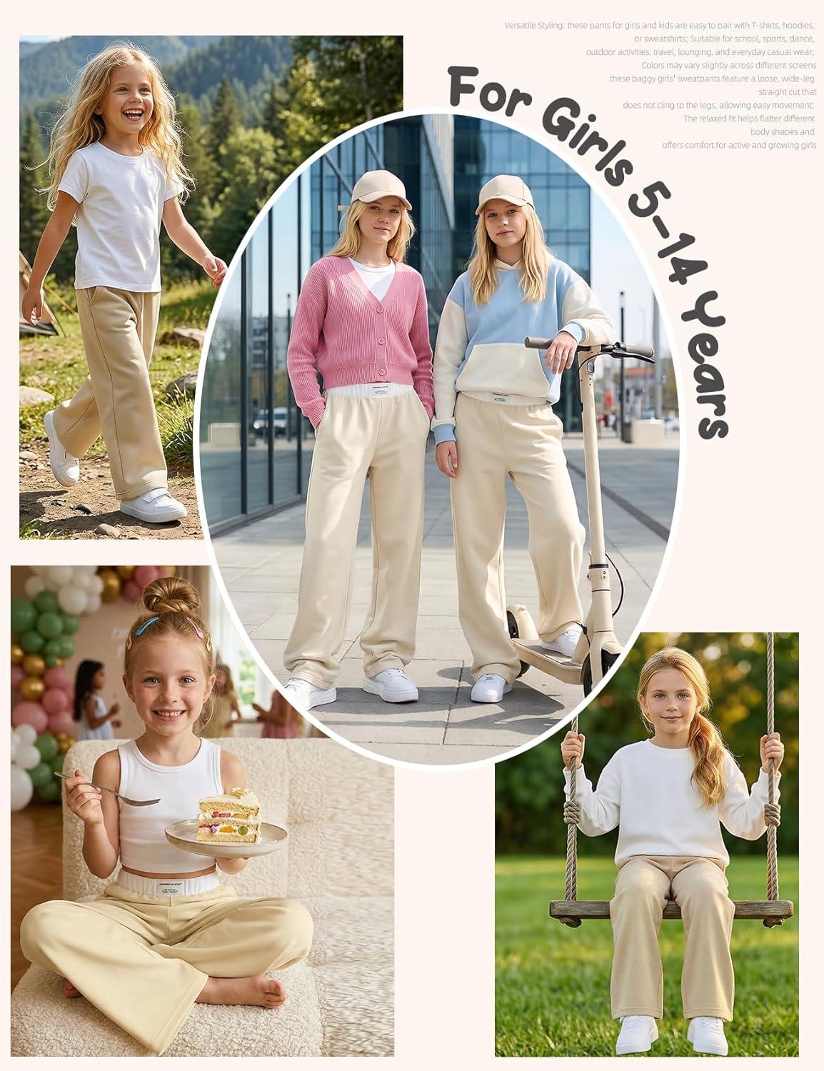Arssm Girls Wide Leg Sweatpants Baggy Pants Letter Patched Elastic Waist Long Trousers Joggers(Khaki)