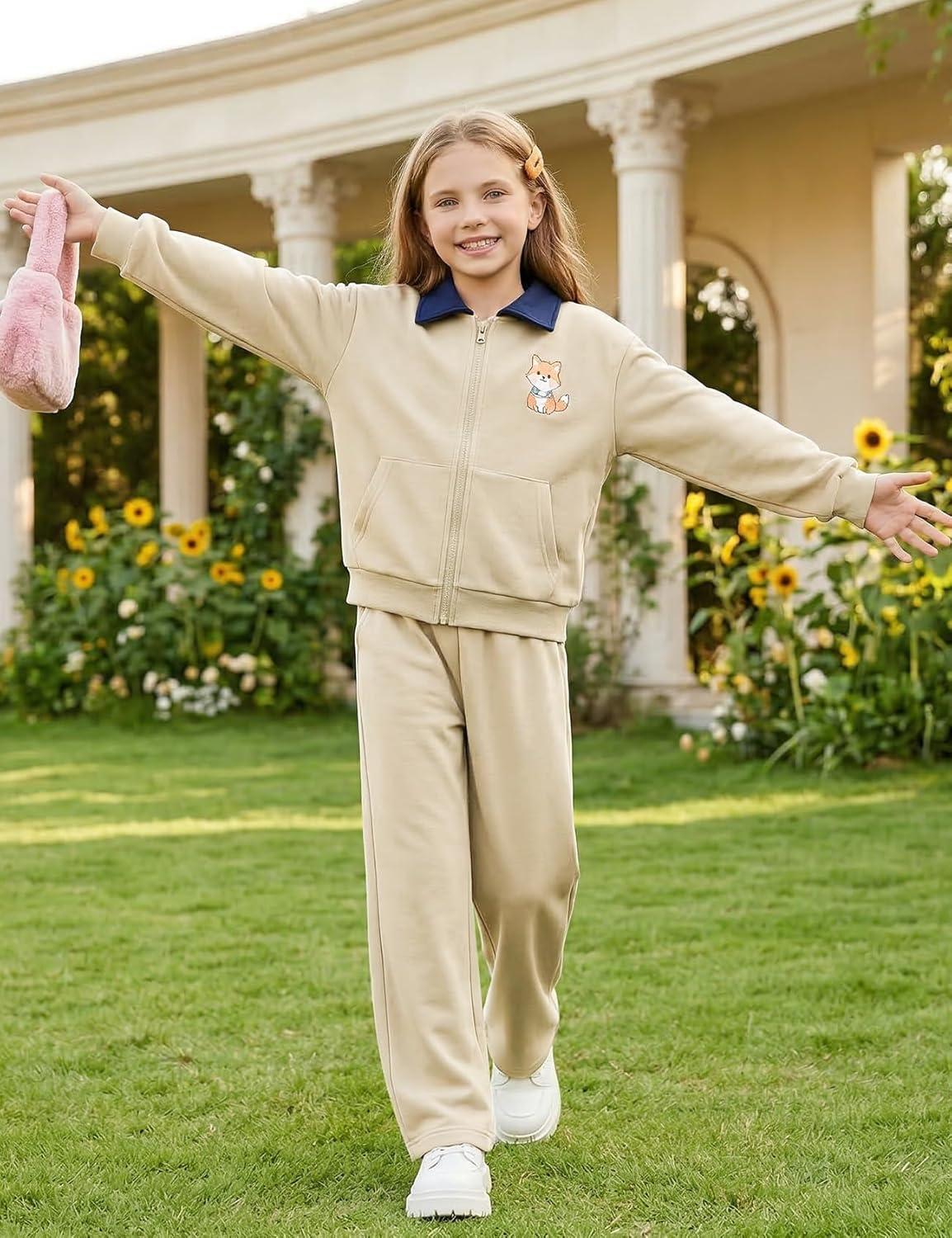 Arssm Girls Wide Leg Sweatpants Baggy Pants Letter Patched Elastic Waist Long Trousers Joggers(Khaki)