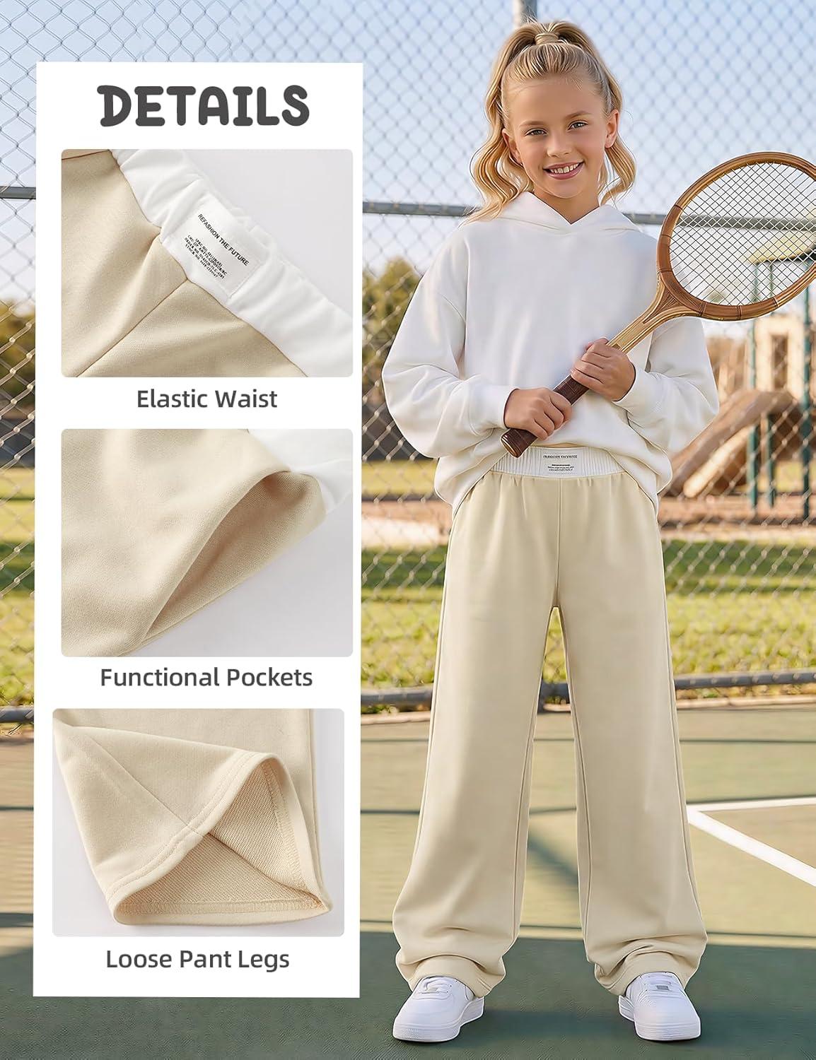 Arssm Girls Wide Leg Sweatpants Baggy Pants Letter Patched Elastic Waist Long Trousers Joggers(Khaki)