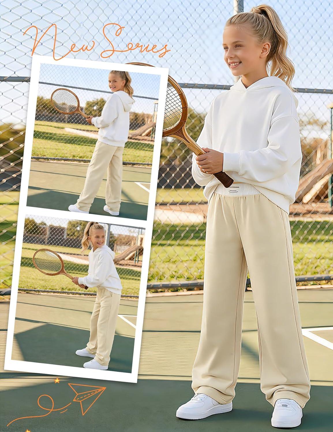 Arssm Girls Wide Leg Sweatpants Baggy Pants Letter Patched Elastic Waist Long Trousers Joggers(Khaki)