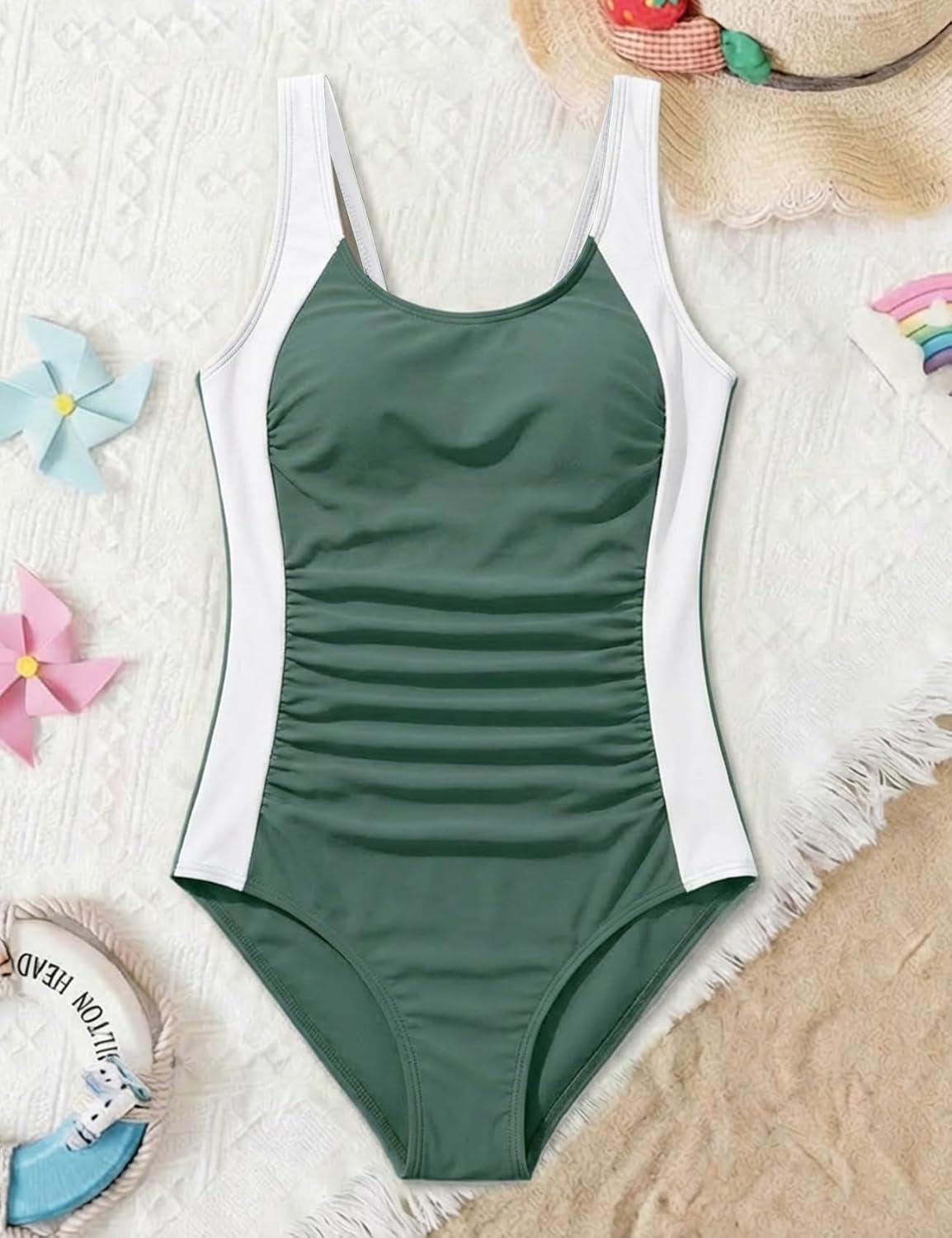 Arssm Girls Swimsuit Teen Girl One Piece Swimsuit Ruched Bathing Suit Adjustable Straps Padded Swimwear 9-16Y(Army)