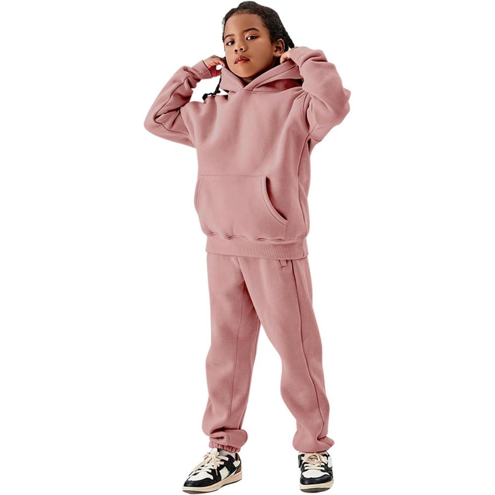 Arssm Girls Boys Sweatsuits Fleece 2 Piece Outfits Pants Set Hoodie and Sweatpant Set Kids Athletic Fleece Tracksuits(Pink)