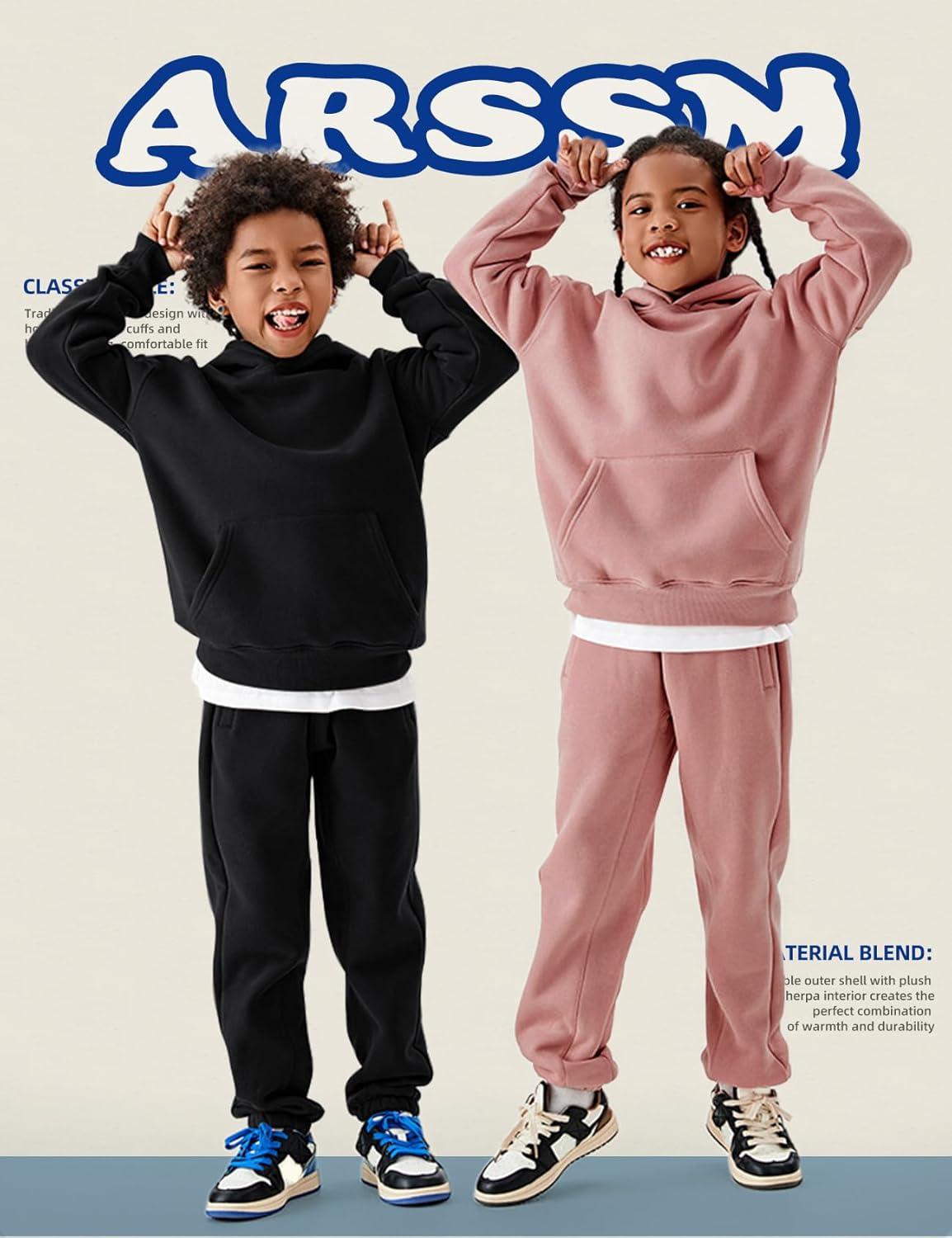 Arssm Girls Boys Sweatsuits Fleece 2 Piece Outfits Pants Set Hoodie and Sweatpant Set Kids Athletic Fleece Tracksuits(Pink)
