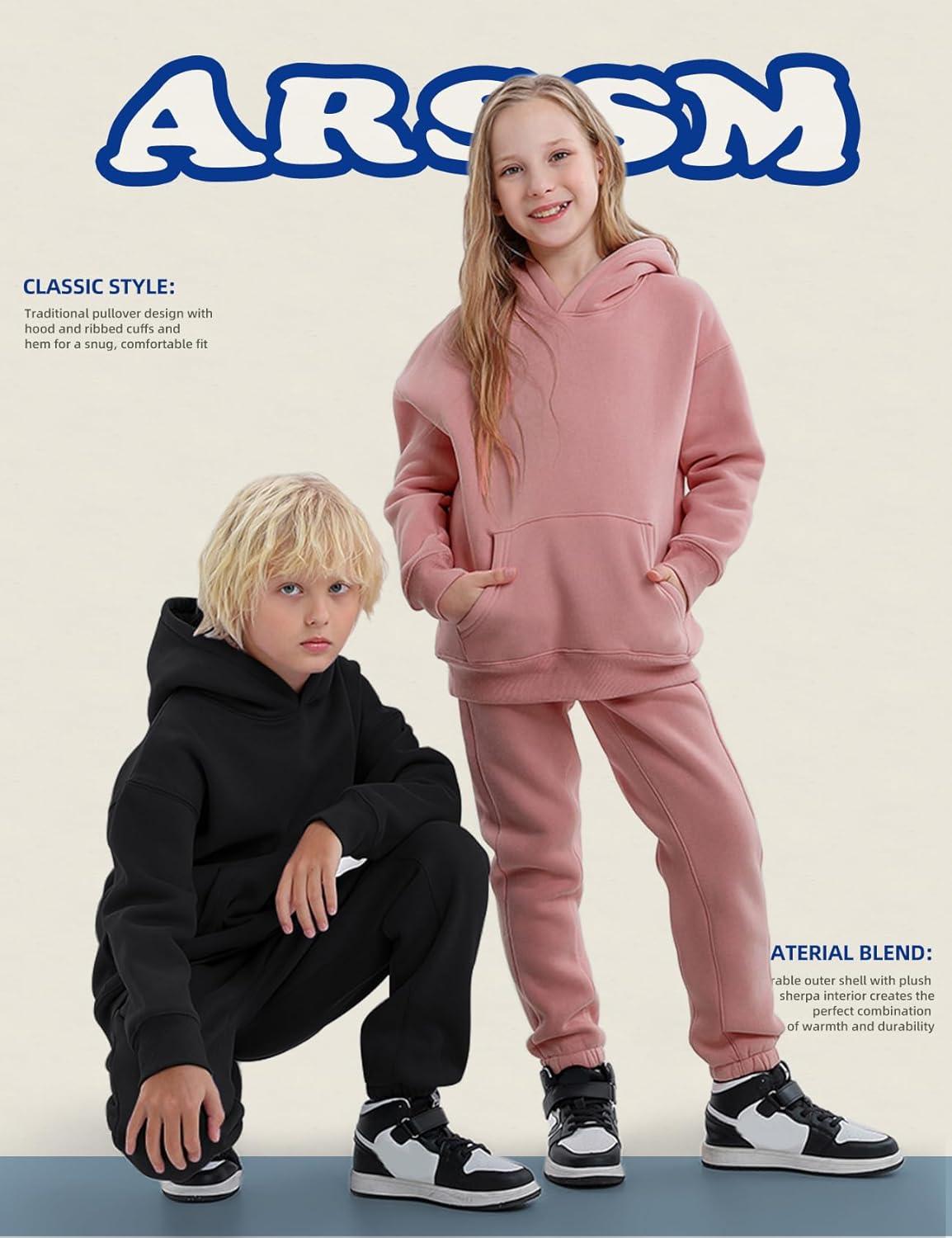 Arssm Girls Boys Sweatsuits Fleece 2 Piece Outfits Pants Set Hoodie and Sweatpant Set Kids Athletic Fleece Tracksuits(Pink)