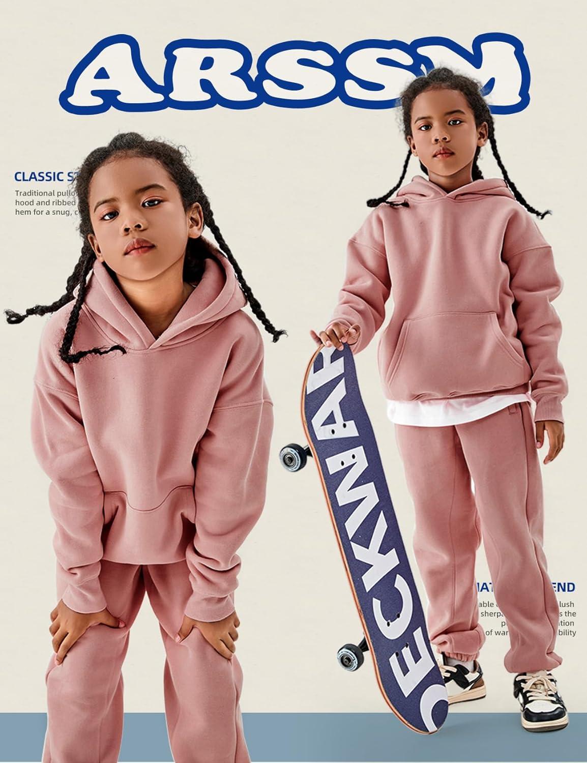 Arssm Girls Boys Sweatsuits Fleece 2 Piece Outfits Pants Set Hoodie and Sweatpant Set Kids Athletic Fleece Tracksuits(Pink)