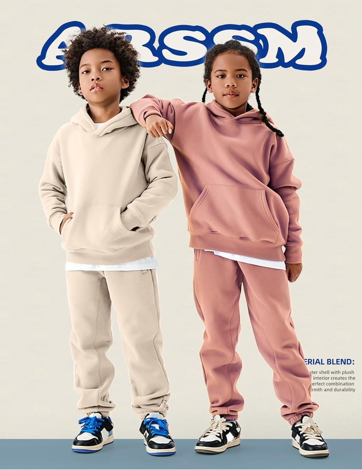 Arssm Girls Boys Sweatsuits Fleece 2 Piece Outfits Pants Set Hoodie and Sweatpant Set Kids Athletic Fleece Tracksuits(Pink)