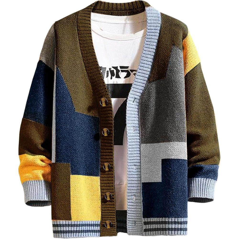 Arssm Mens Cardigan Sweater Knitted Long Sleeve V Neck Button Down Sweaters Casual Cardigans((Khaki)