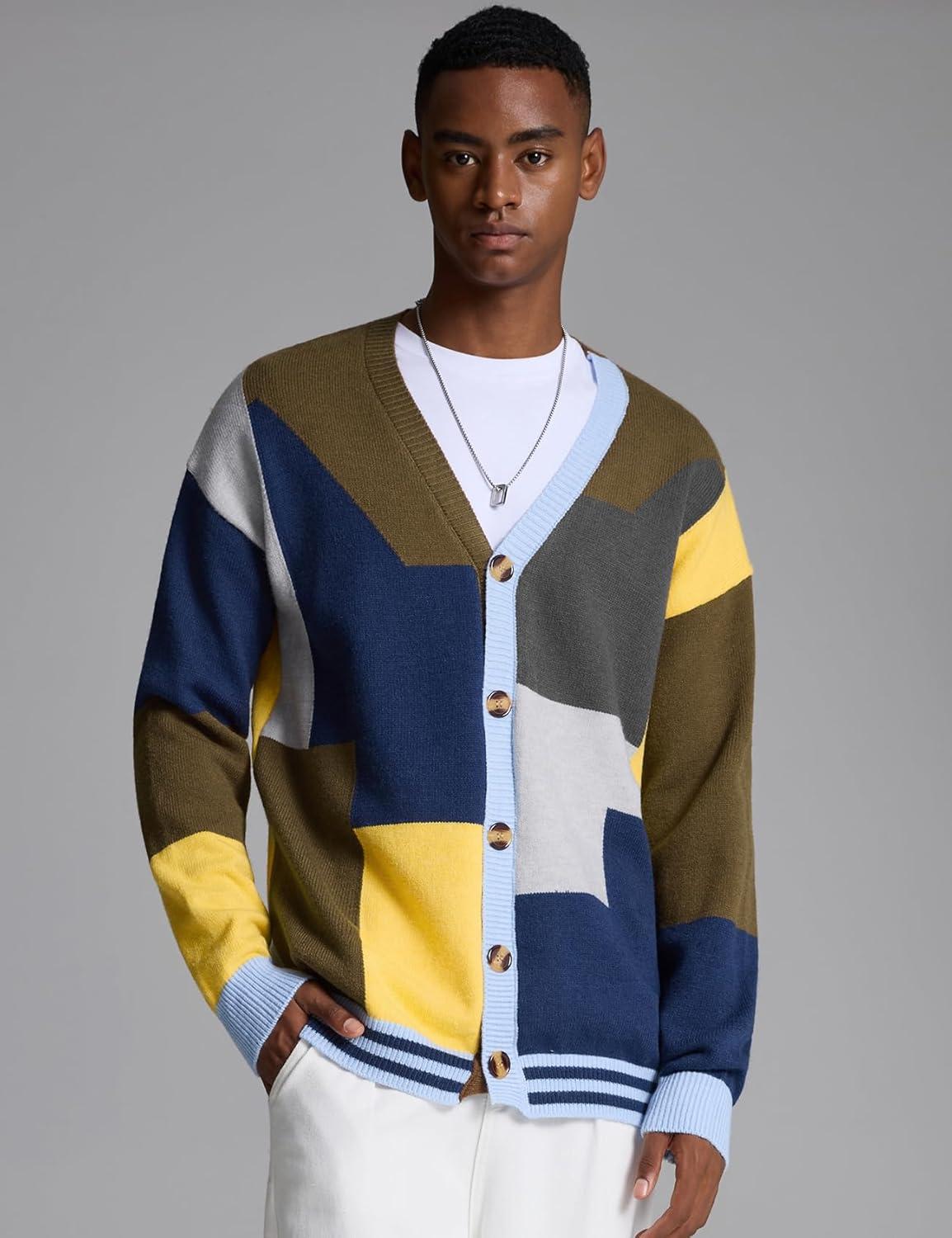 Arssm Mens Cardigan Sweater Knitted Long Sleeve V Neck Button Down Sweaters Casual Cardigans((Khaki)