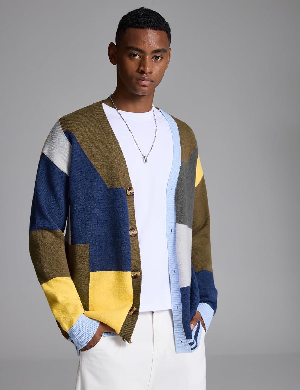 Arssm Mens Cardigan Sweater Knitted Long Sleeve V Neck Button Down Sweaters Casual Cardigans((Khaki)