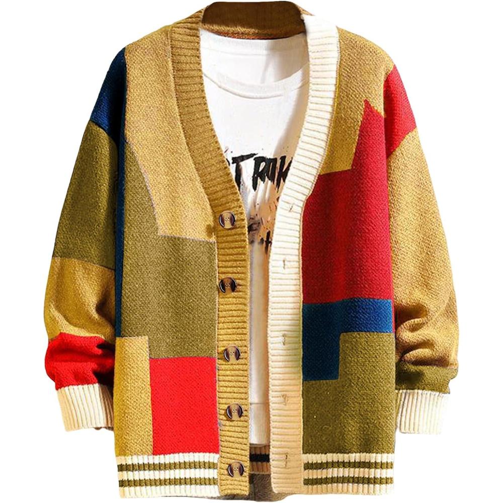 Arssm Mens Cardigan Sweater Knitted Long Sleeve V Neck Button Down Sweaters Casual Cardigans((Yellow)