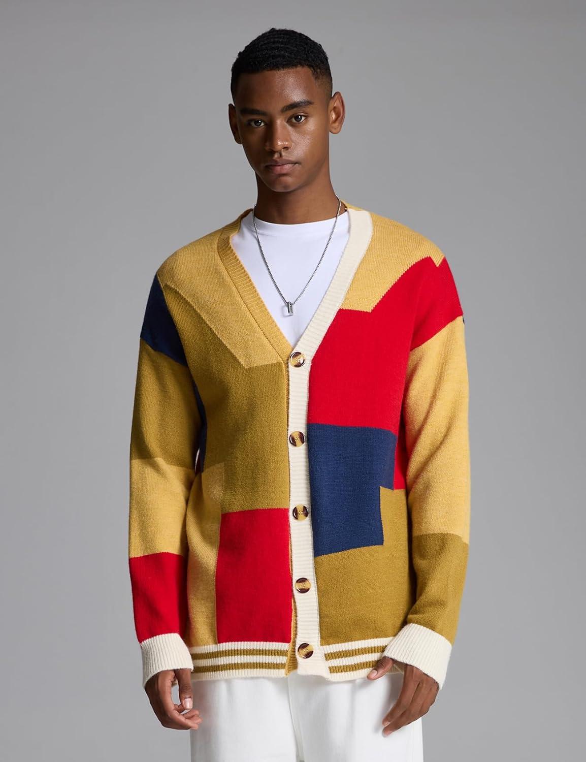 Arssm Mens Cardigan Sweater Knitted Long Sleeve V Neck Button Down Sweaters Casual Cardigans((Yellow)
