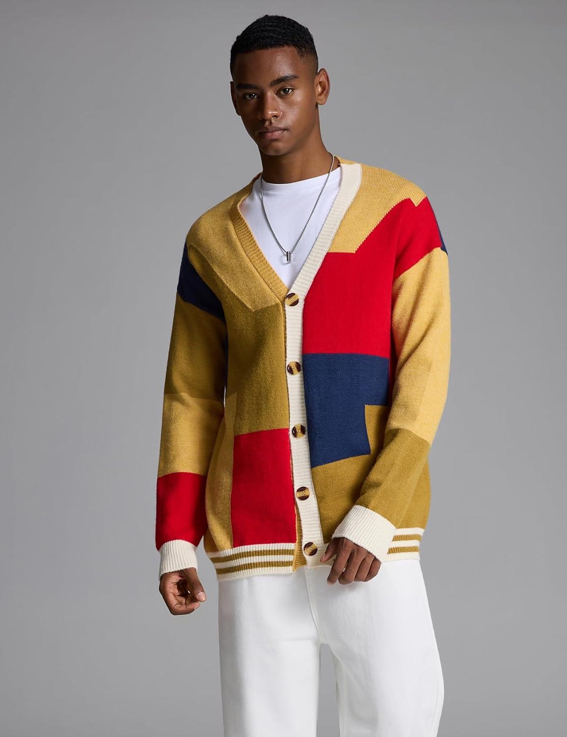 Arssm Mens Cardigan Sweater Knitted Long Sleeve V Neck Button Down Sweaters Casual Cardigans((Yellow)