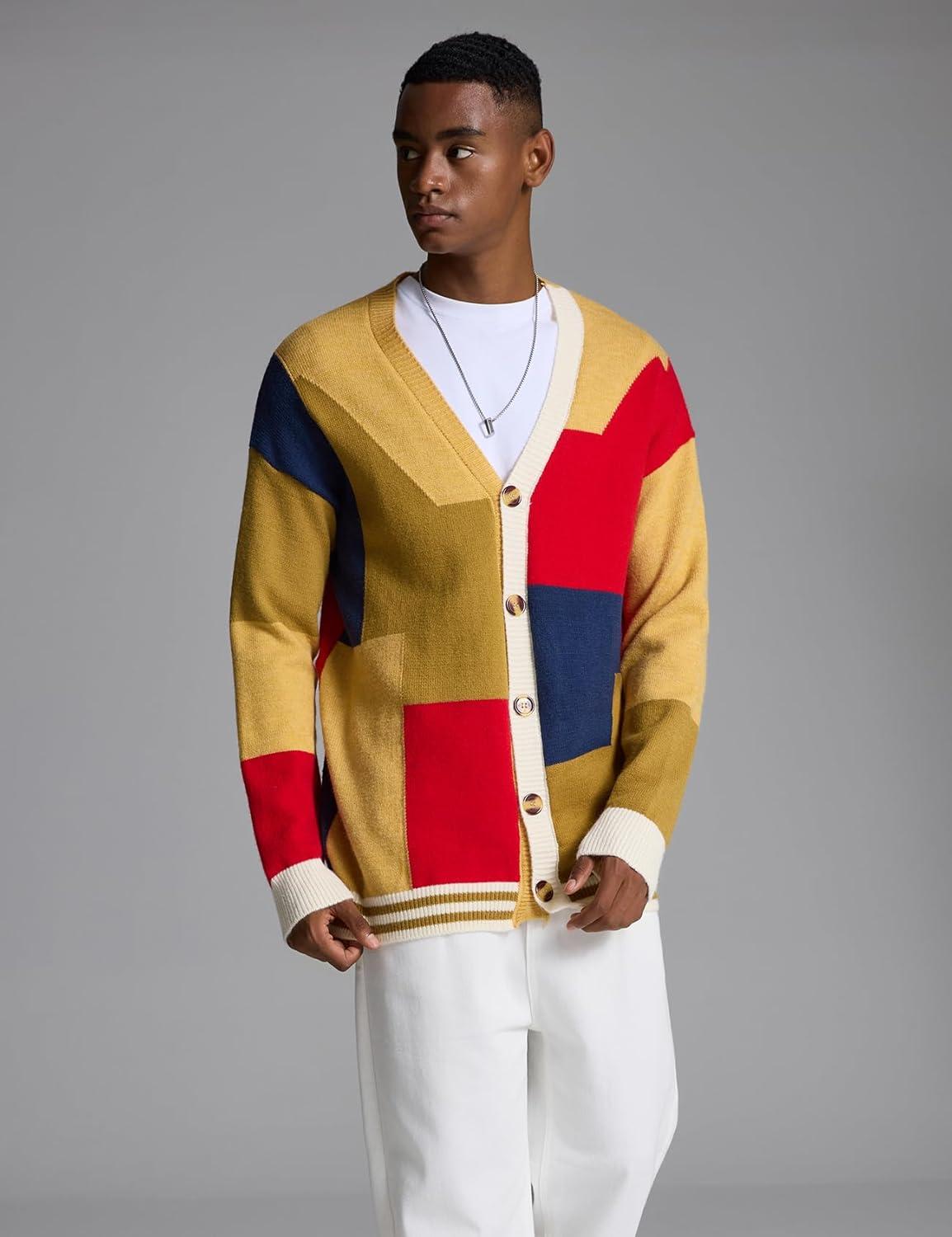Arssm Mens Cardigan Sweater Knitted Long Sleeve V Neck Button Down Sweaters Casual Cardigans((Yellow)