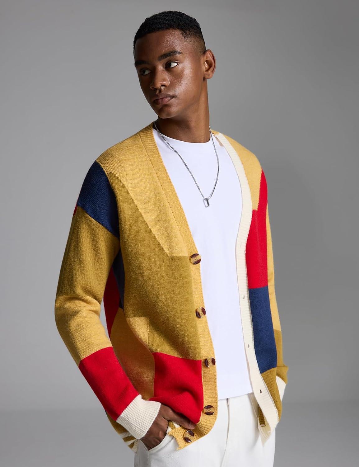 Arssm Mens Cardigan Sweater Knitted Long Sleeve V Neck Button Down Sweaters Casual Cardigans((Yellow)