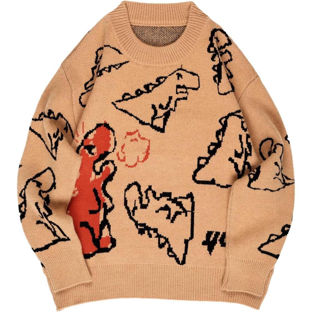 Arssm Dinosaur Sweater Women y2k Vintage Oversized Graphic Streetwear Knit Sweater Casual Cute Kawaii Tops(Khaki)