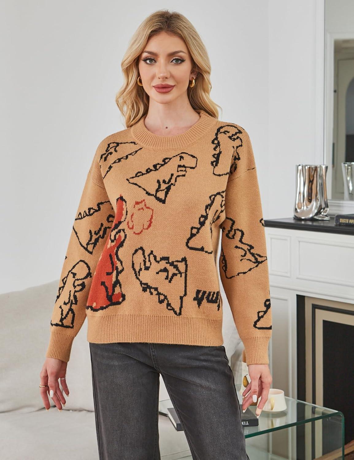 Arssm Dinosaur Sweater Women y2k Vintage Oversized Graphic Streetwear Knit Sweater Casual Cute Kawaii Tops(Khaki)