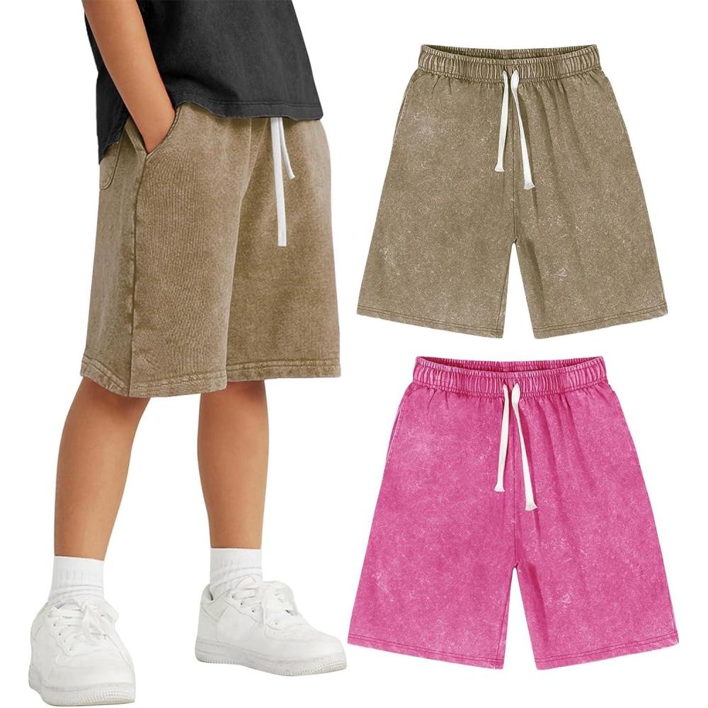 Arssm 2 Pack Boys Shorts Cotton Acid Washed Athletic Shorts Kids Summer Active Shorts with Pockets(Khaki+pink)