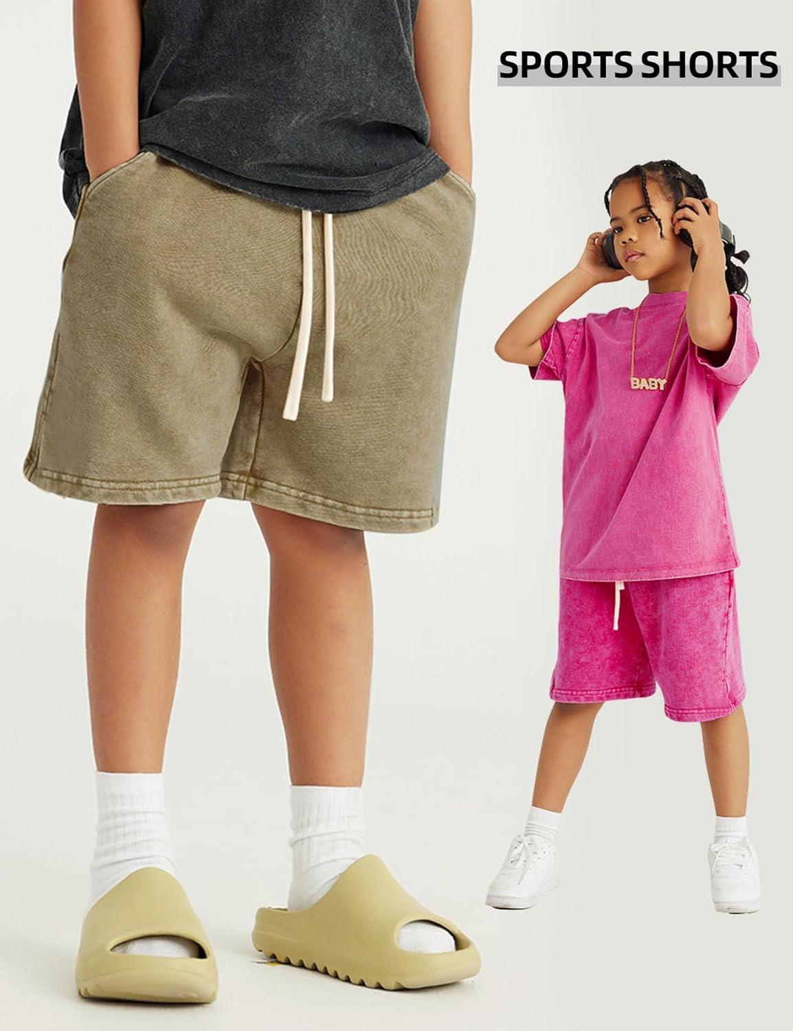 Arssm 2 Pack Boys Shorts Cotton Acid Washed Athletic Shorts Kids Summer Active Shorts with Pockets(Khaki+pink)