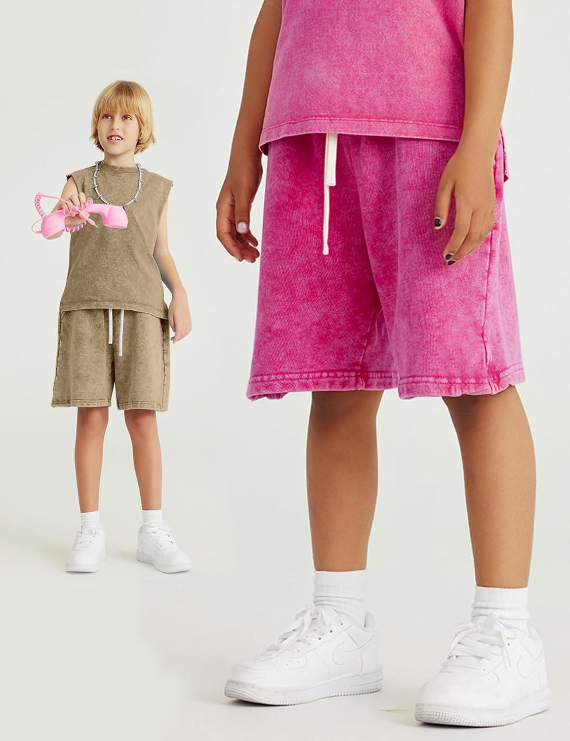 Arssm 2 Pack Boys Shorts Cotton Acid Washed Athletic Shorts Kids Summer Active Shorts with Pockets(Khaki+pink)