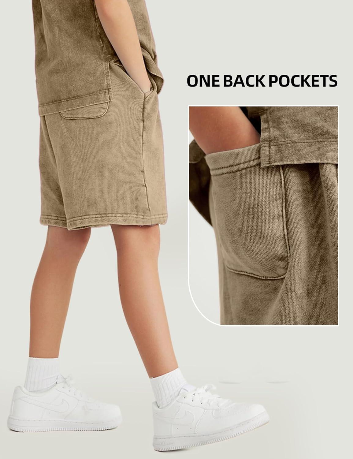 Arssm 2 Pack Boys Shorts Cotton Acid Washed Athletic Shorts Kids Summer Active Shorts with Pockets(Khaki+pink)