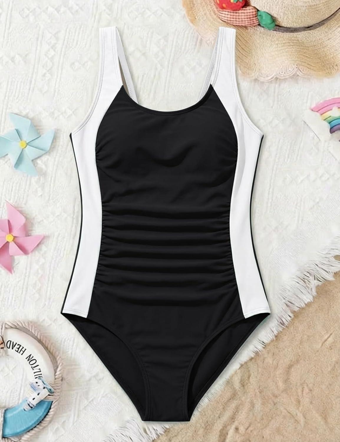 Arssm Girls Swimsuit Teen Girl One Piece Swimsuit Ruched Bathing Suit Adjustable Straps Padded Swimwear 9-16Y(Black)