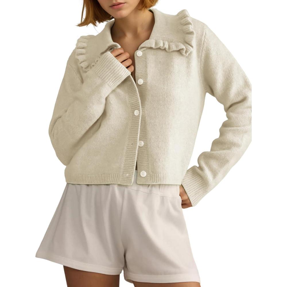 Arssm Womens Ruffle Collar Cardigan Cropped Button Down Open Front Sweaters Knitted Long Sleeve Fall 2025 Elegant Outwear(Apricot)