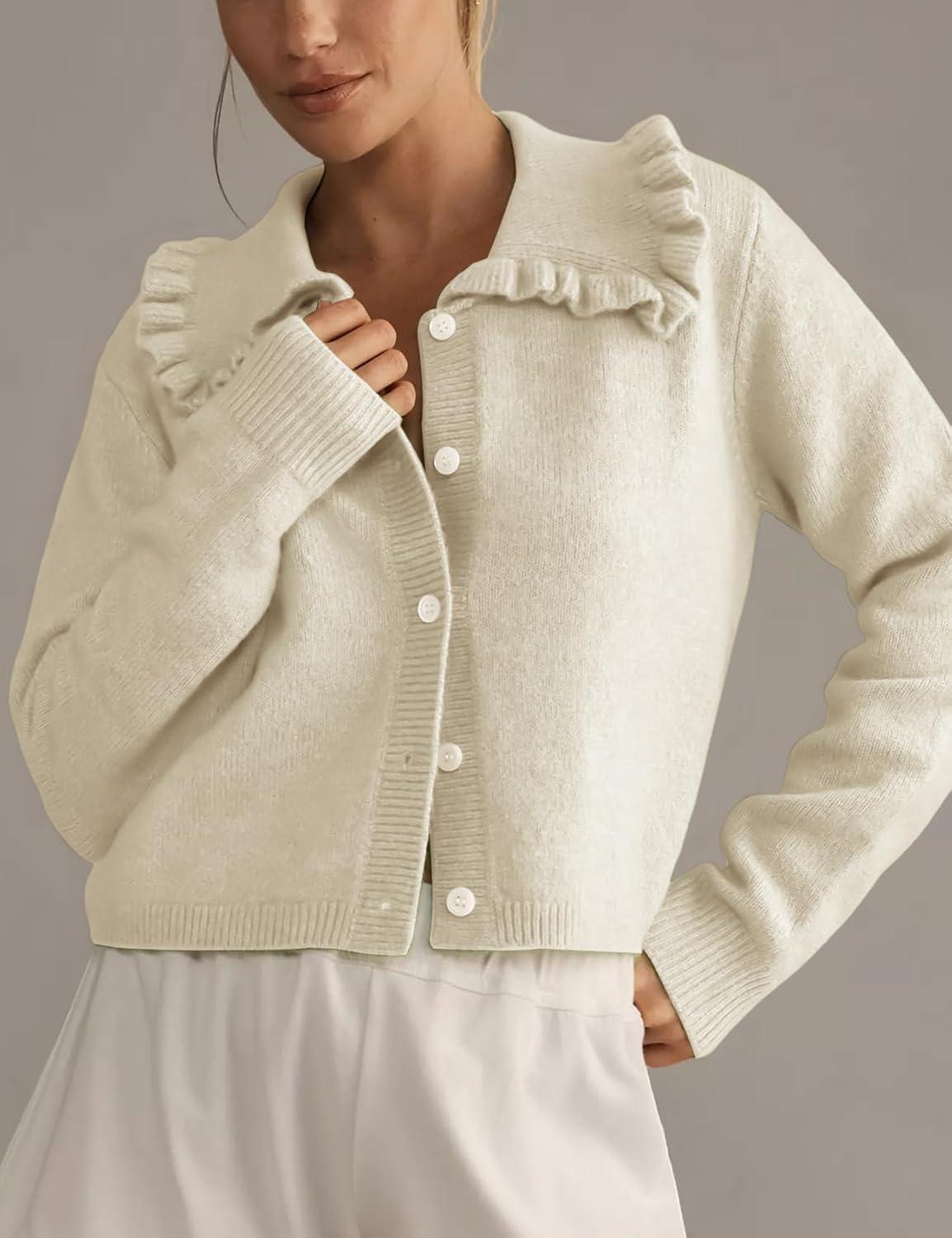 Arssm Womens Ruffle Collar Cardigan Cropped Button Down Open Front Sweaters Knitted Long Sleeve Fall 2025 Elegant Outwear(Apricot)