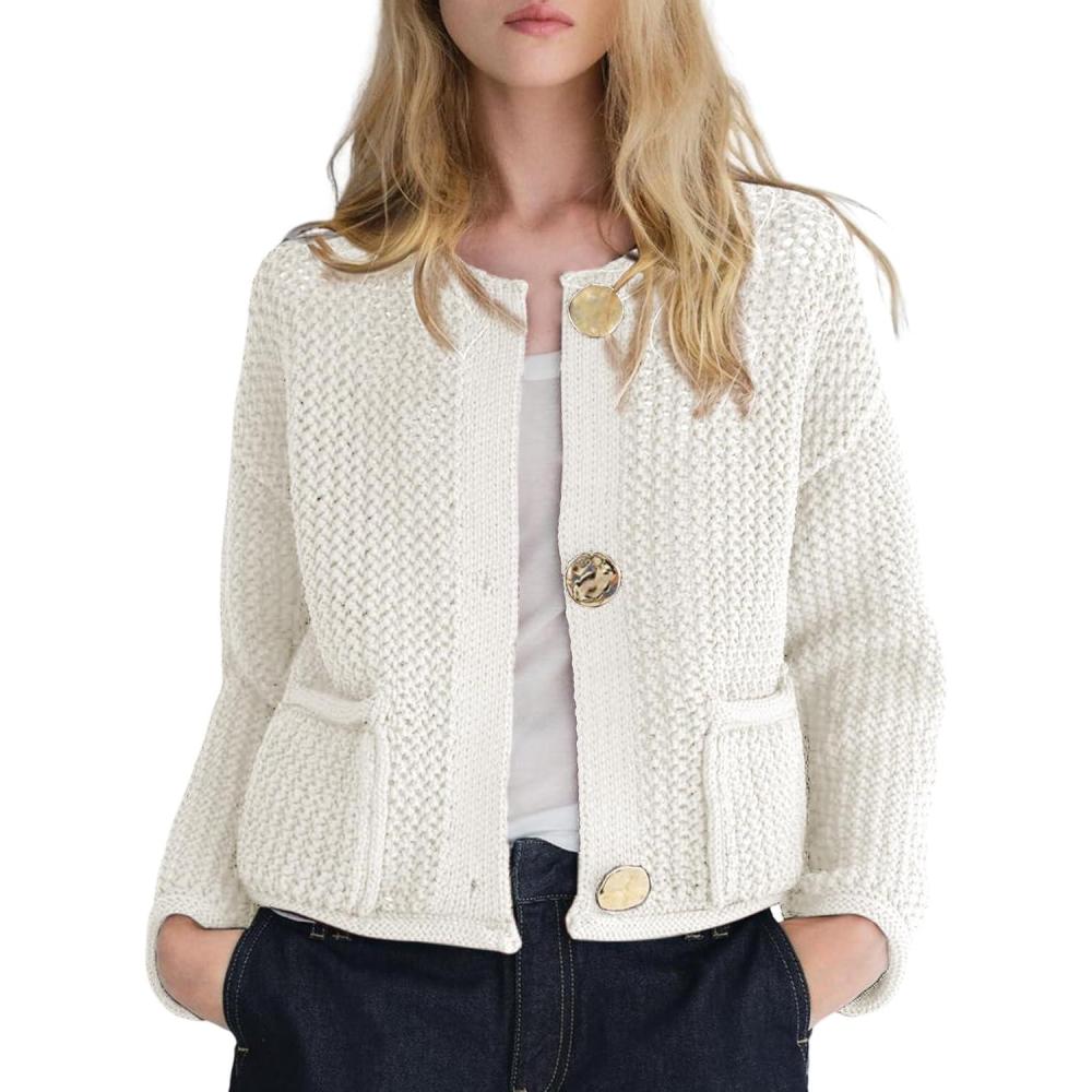 Arssm Womens Cardigan Sweaters 2024 V Neck Long Sleeve Sweater Button Down Knit Sweater Top with Pockets(Beige)