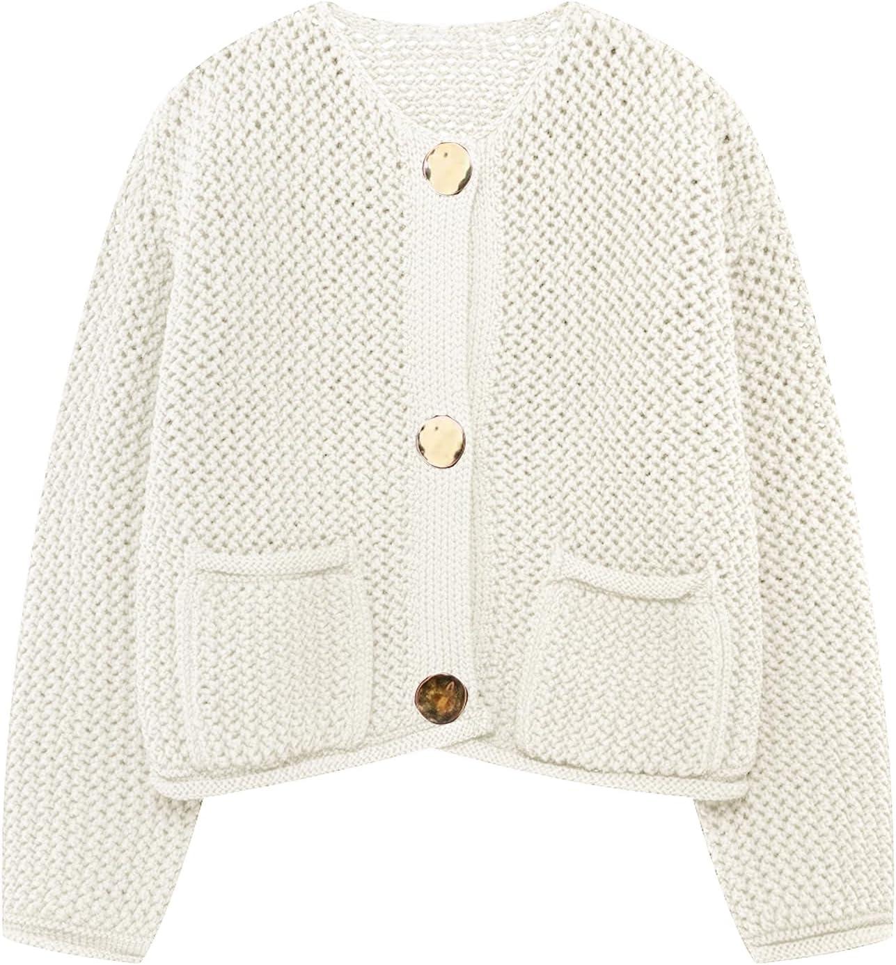 Arssm Womens Cardigan Sweaters 2024 V Neck Long Sleeve Sweater Button Down Knit Sweater Top with Pockets(Beige)