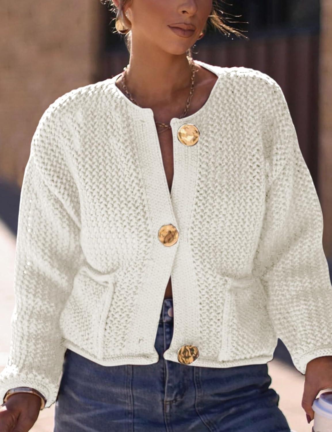 Arssm Womens Cardigan Sweaters 2024 V Neck Long Sleeve Sweater Button Down Knit Sweater Top with Pockets(Beige)