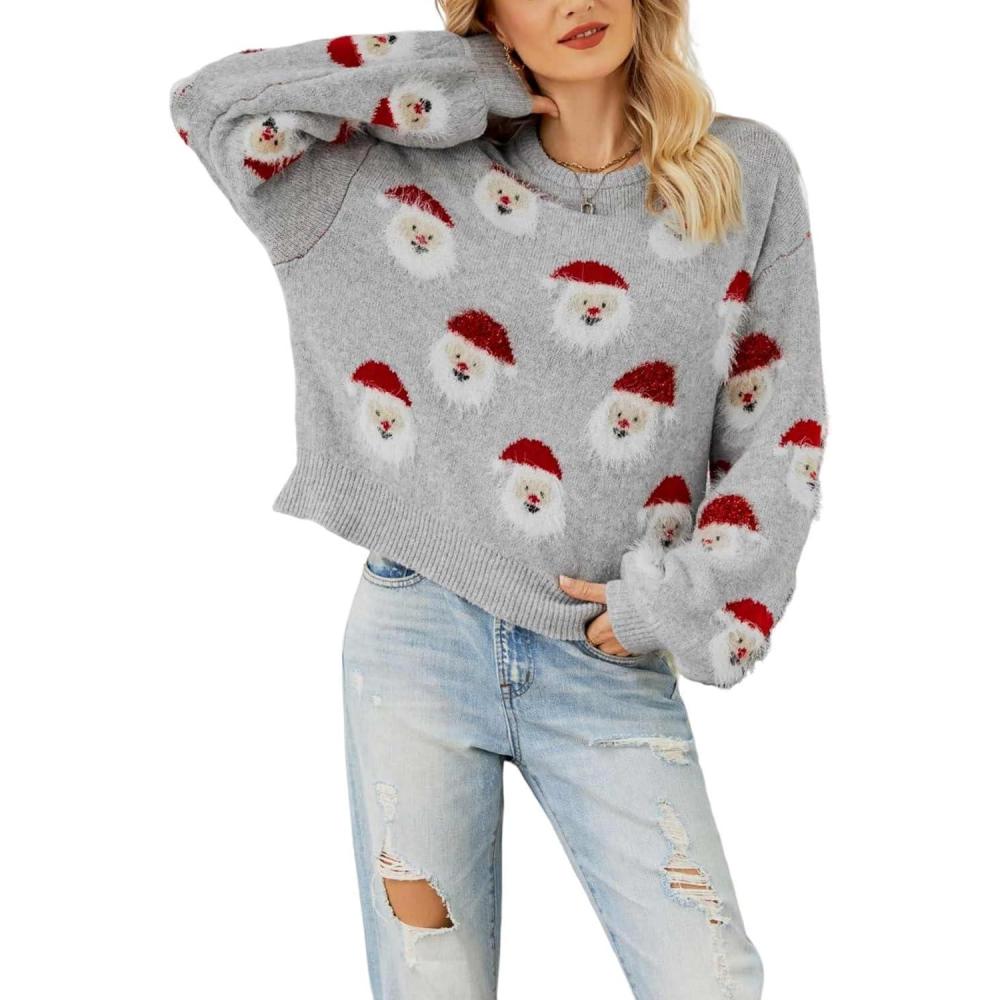Arssm Women Santa Sweater Ugly Christmas Sweater Funny Xmas Holiday Party Knitted Cozy Pullover Sweatshirts Tops(Grey)