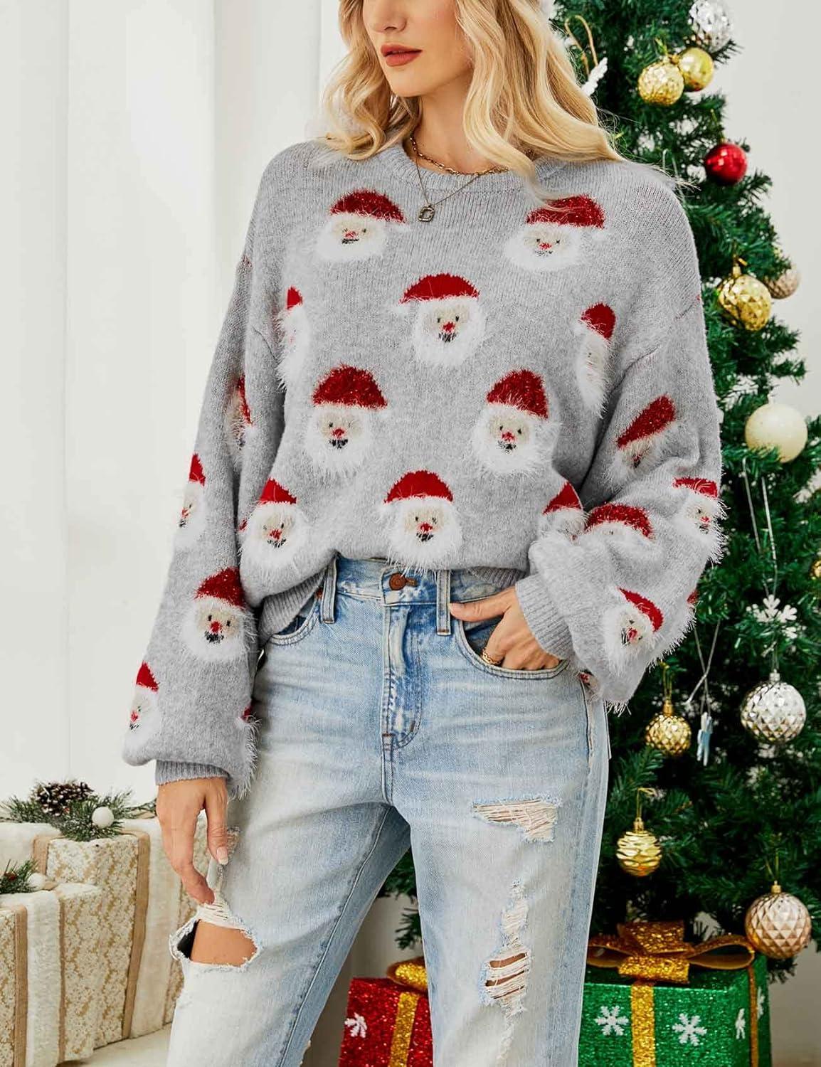 Arssm Women Santa Sweater Ugly Christmas Sweater Funny Xmas Holiday Party Knitted Cozy Pullover Sweatshirts Tops(Grey)