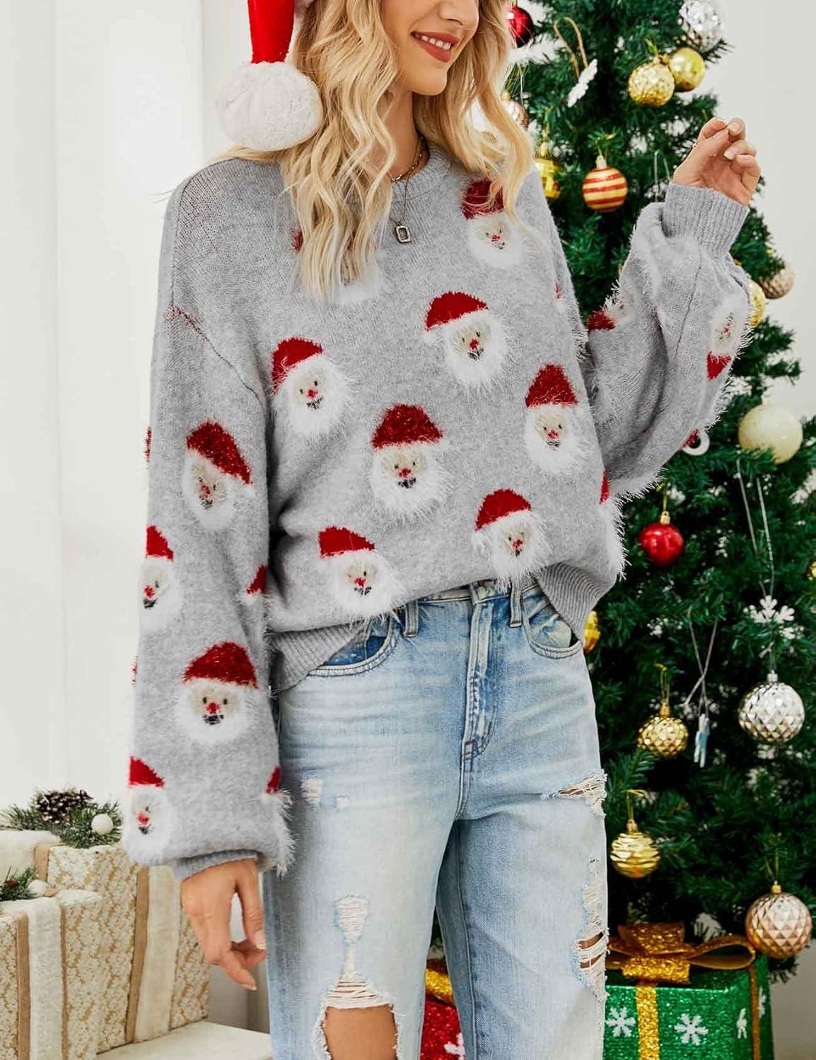 Arssm Women Santa Sweater Ugly Christmas Sweater Funny Xmas Holiday Party Knitted Cozy Pullover Sweatshirts Tops(Grey)