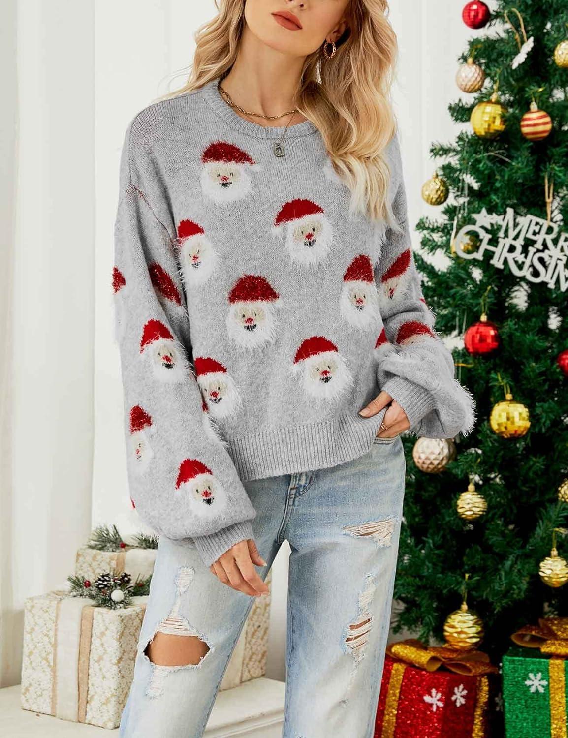 Arssm Women Santa Sweater Ugly Christmas Sweater Funny Xmas Holiday Party Knitted Cozy Pullover Sweatshirts Tops(Grey)