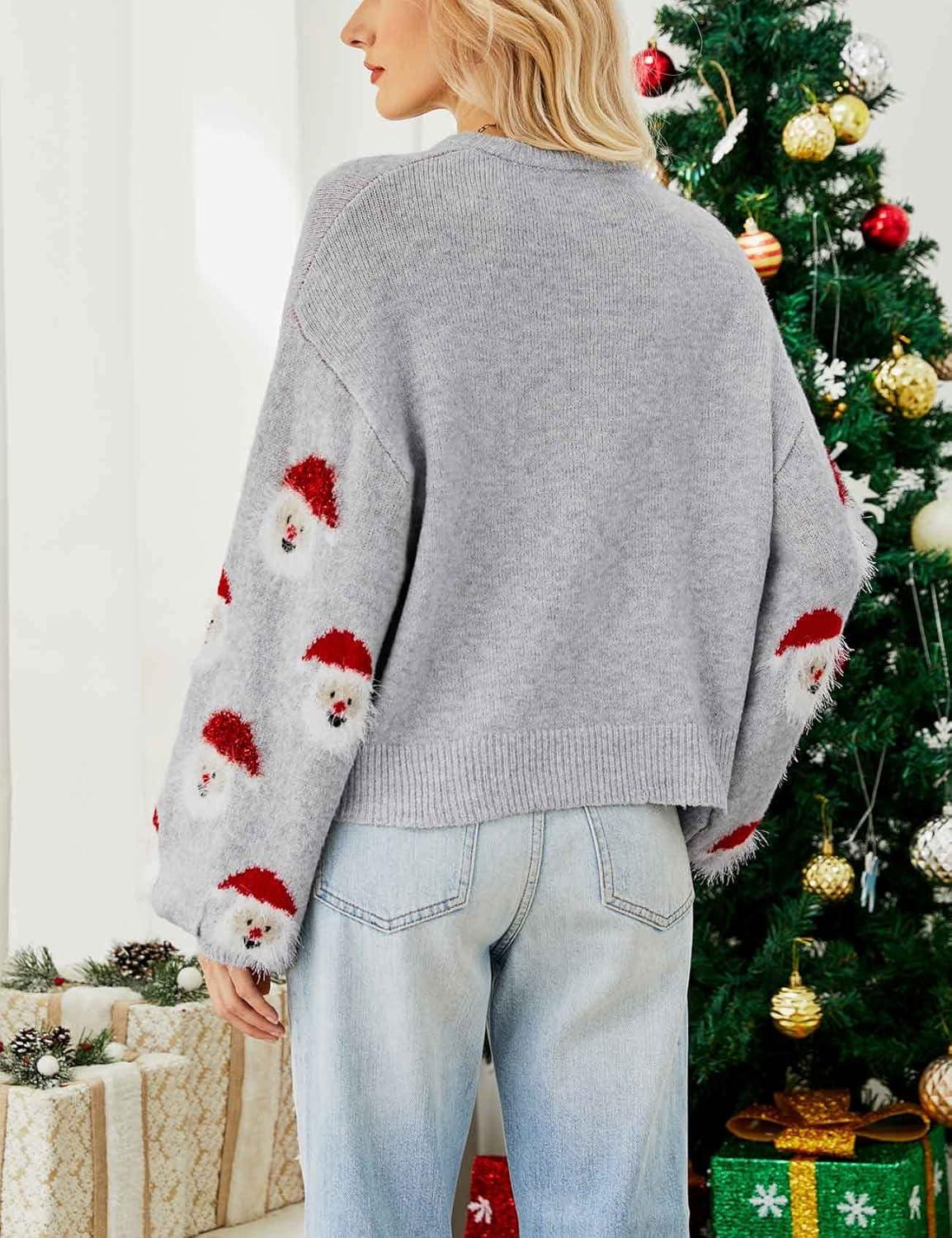 Arssm Women Santa Sweater Ugly Christmas Sweater Funny Xmas Holiday Party Knitted Cozy Pullover Sweatshirts Tops(Grey)