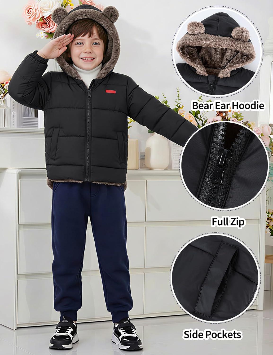 Arssm Baby Boys Girls Winter Fleece Coat Toddler Kids Warm Cute Bear Ear Hooded Jacket(Black)