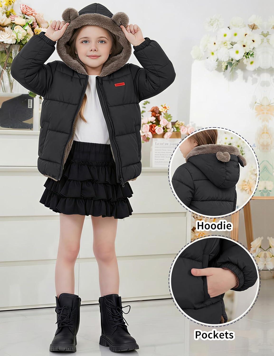 Arssm Baby Boys Girls Winter Fleece Coat Toddler Kids Warm Cute Bear Ear Hooded Jacket(Black)