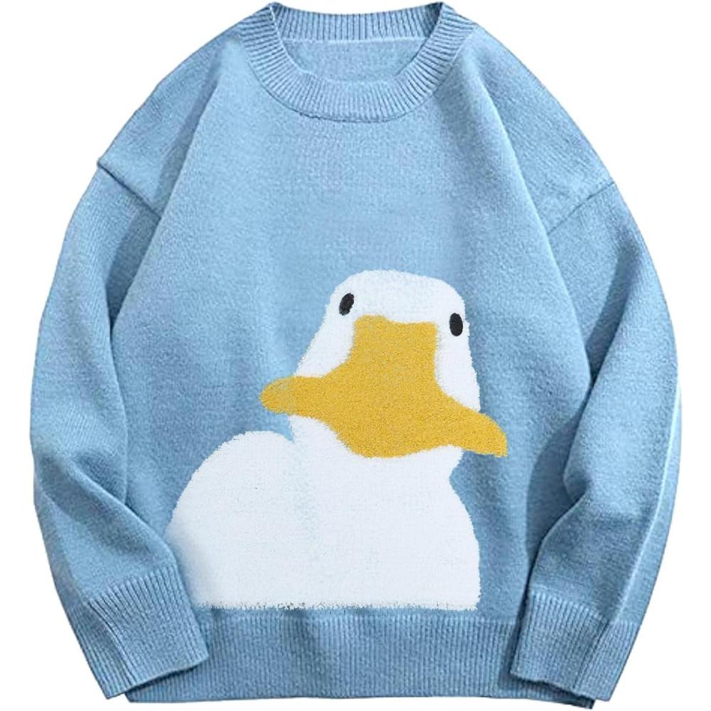 Arssm Mens Oversized Dinosaur Knit Pullover Sweater Fashion Cartoon Unisex Sweater Long Sleeve Crewneck Vintage Tops(Duck)