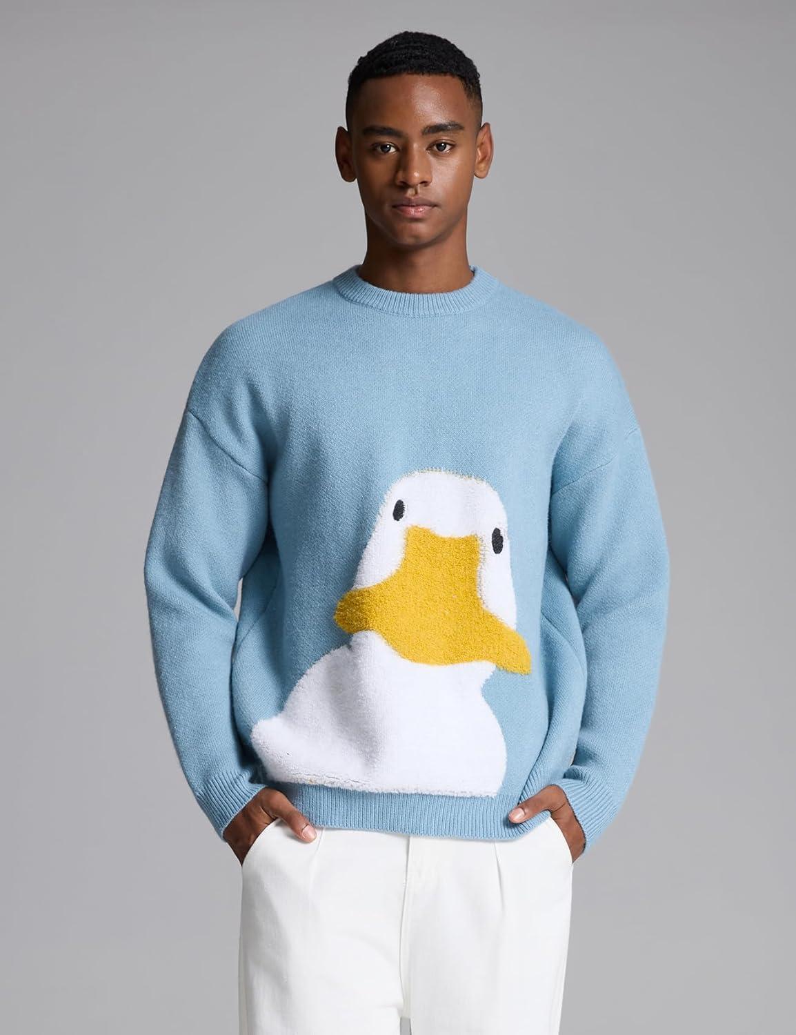 Arssm Mens Oversized Dinosaur Knit Pullover Sweater Fashion Cartoon Unisex Sweater Long Sleeve Crewneck Vintage Tops(Duck)