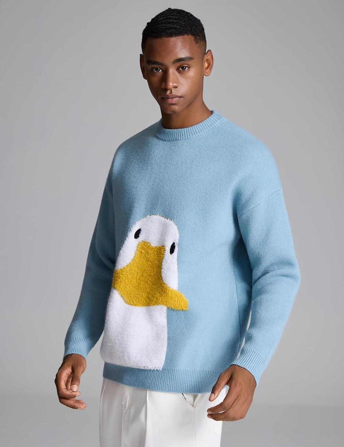 Arssm Mens Oversized Dinosaur Knit Pullover Sweater Fashion Cartoon Unisex Sweater Long Sleeve Crewneck Vintage Tops(Duck)