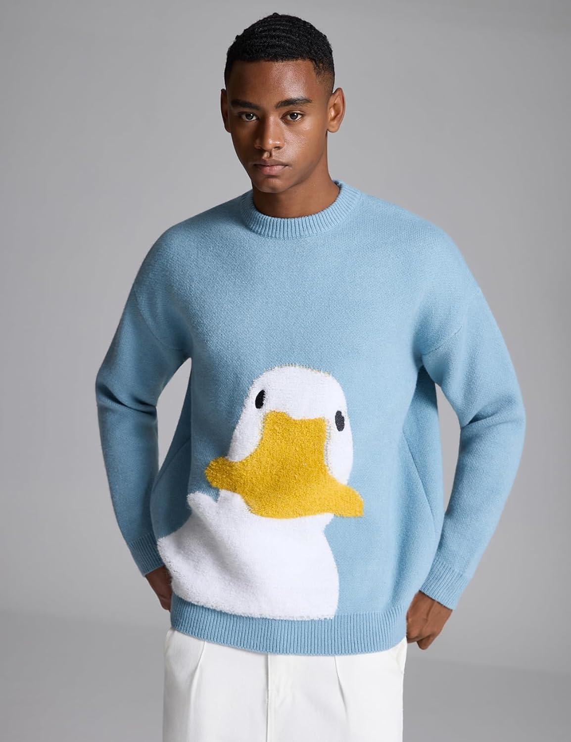 Arssm Mens Oversized Dinosaur Knit Pullover Sweater Fashion Cartoon Unisex Sweater Long Sleeve Crewneck Vintage Tops(Duck)