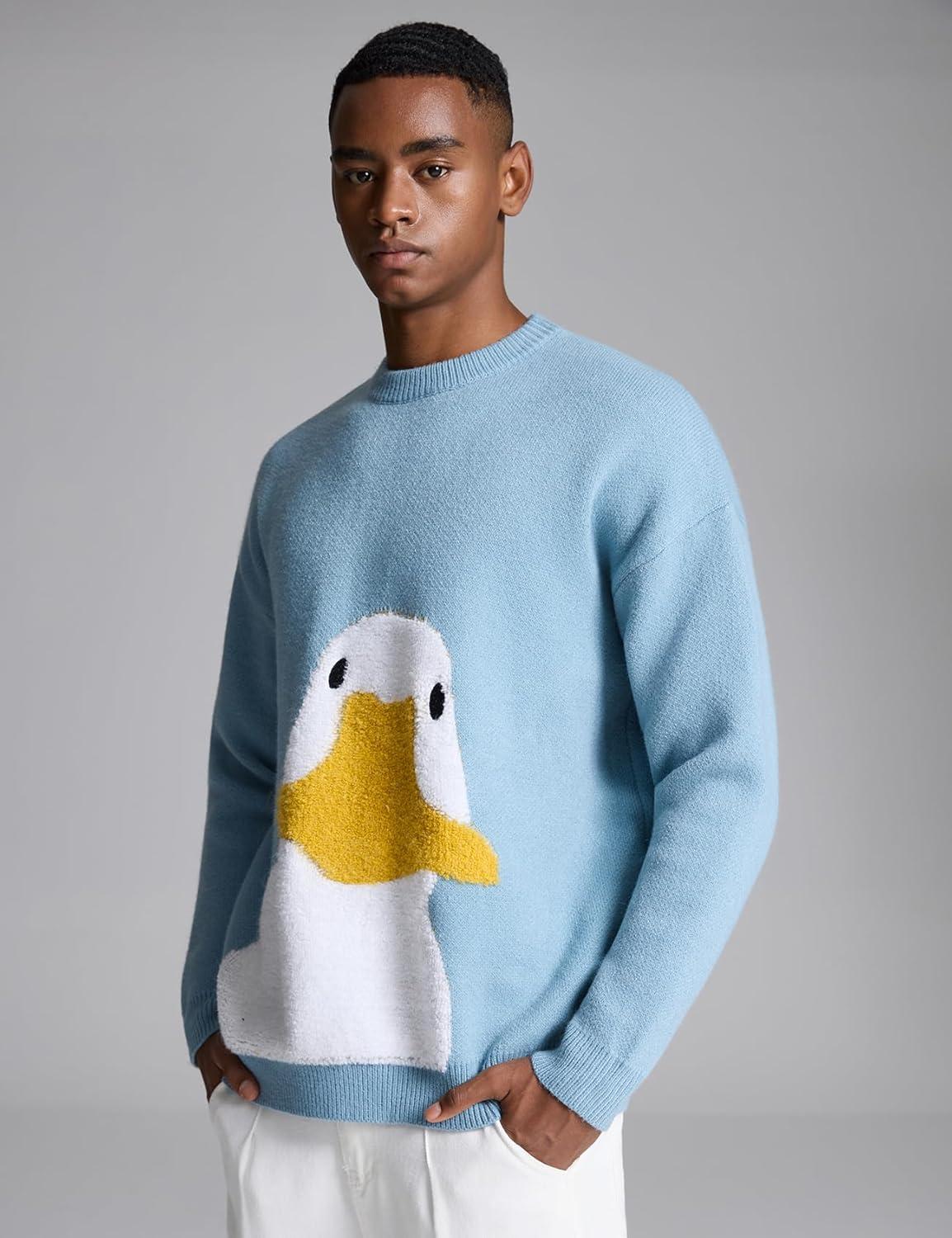 Arssm Mens Oversized Dinosaur Knit Pullover Sweater Fashion Cartoon Unisex Sweater Long Sleeve Crewneck Vintage Tops(Duck)