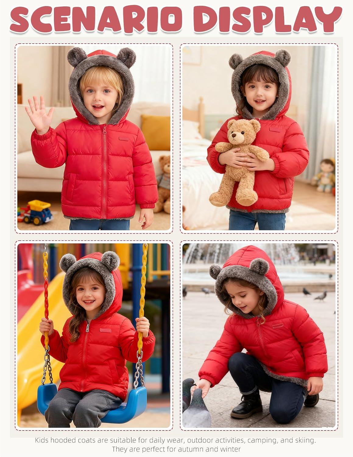 Arssm Baby Boys Girls Winter Fleece Coat Toddler Kids Warm Cute Bear Ear Hooded Jacket(Red)