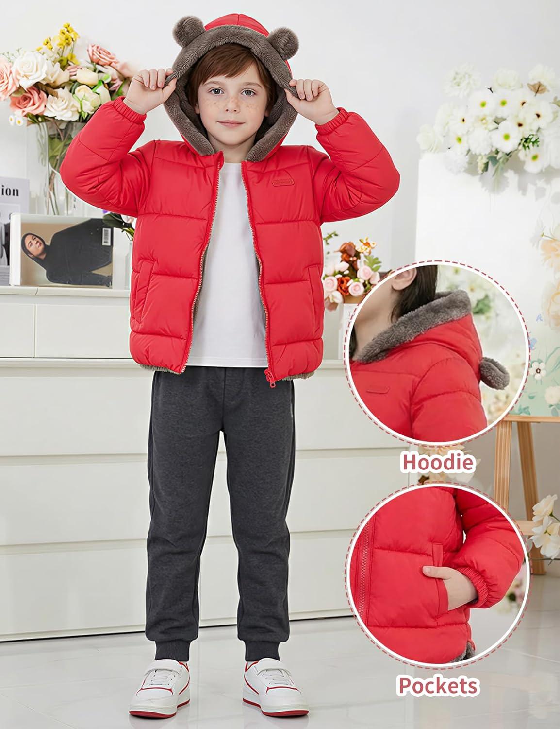 Arssm Baby Boys Girls Winter Fleece Coat Toddler Kids Warm Cute Bear Ear Hooded Jacket(Red)
