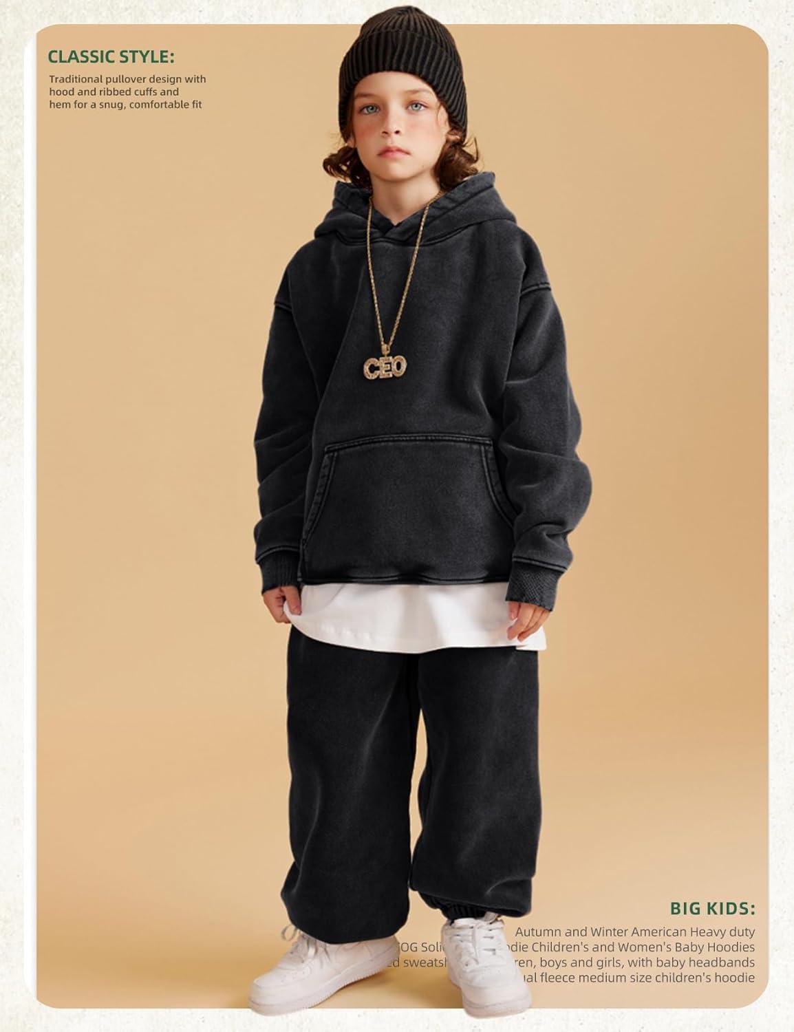 Arssm Boys Girls Fleece Lined Hoodie Kids Warm Winter Cotton Acid Washed Vintage Pullover Hooded Sweatshirt(Black)