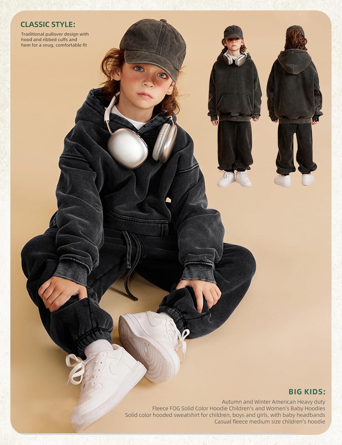 Arssm Boys Girls Fleece Lined Hoodie Kids Warm Winter Cotton Acid Washed Vintage Pullover Hooded Sweatshirt(Black)