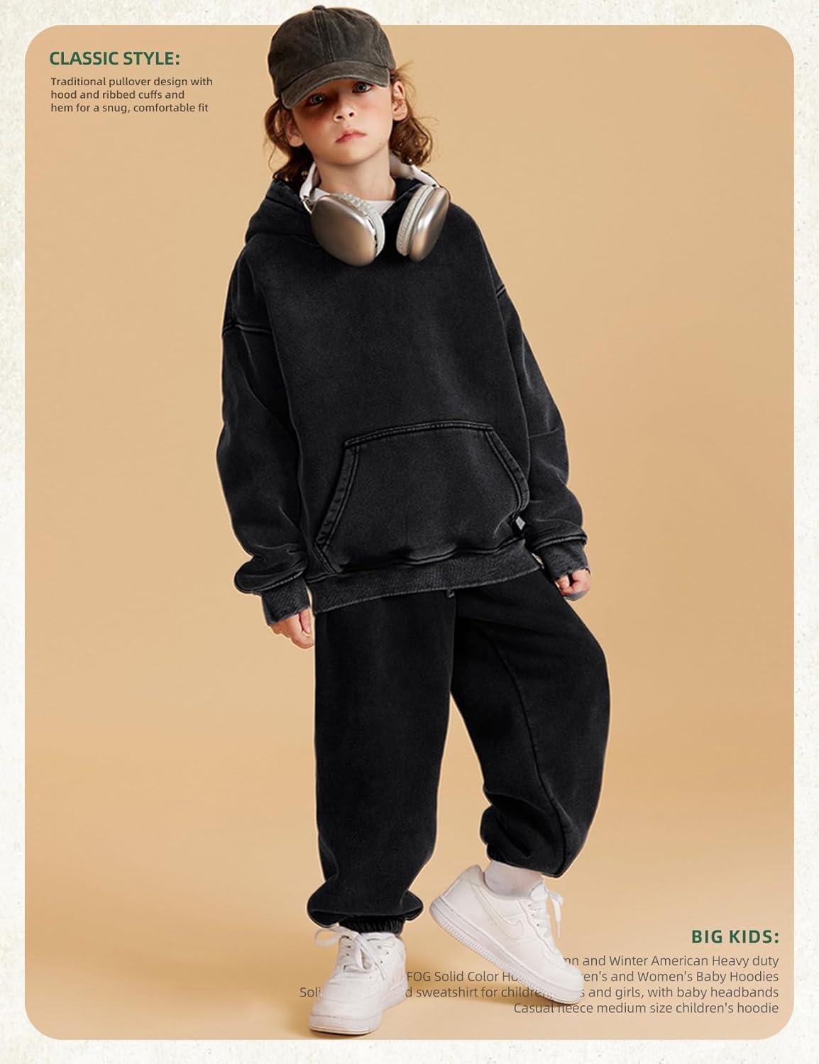 Arssm Boys Girls Fleece Lined Hoodie Kids Warm Winter Cotton Acid Washed Vintage Pullover Hooded Sweatshirt(Black)