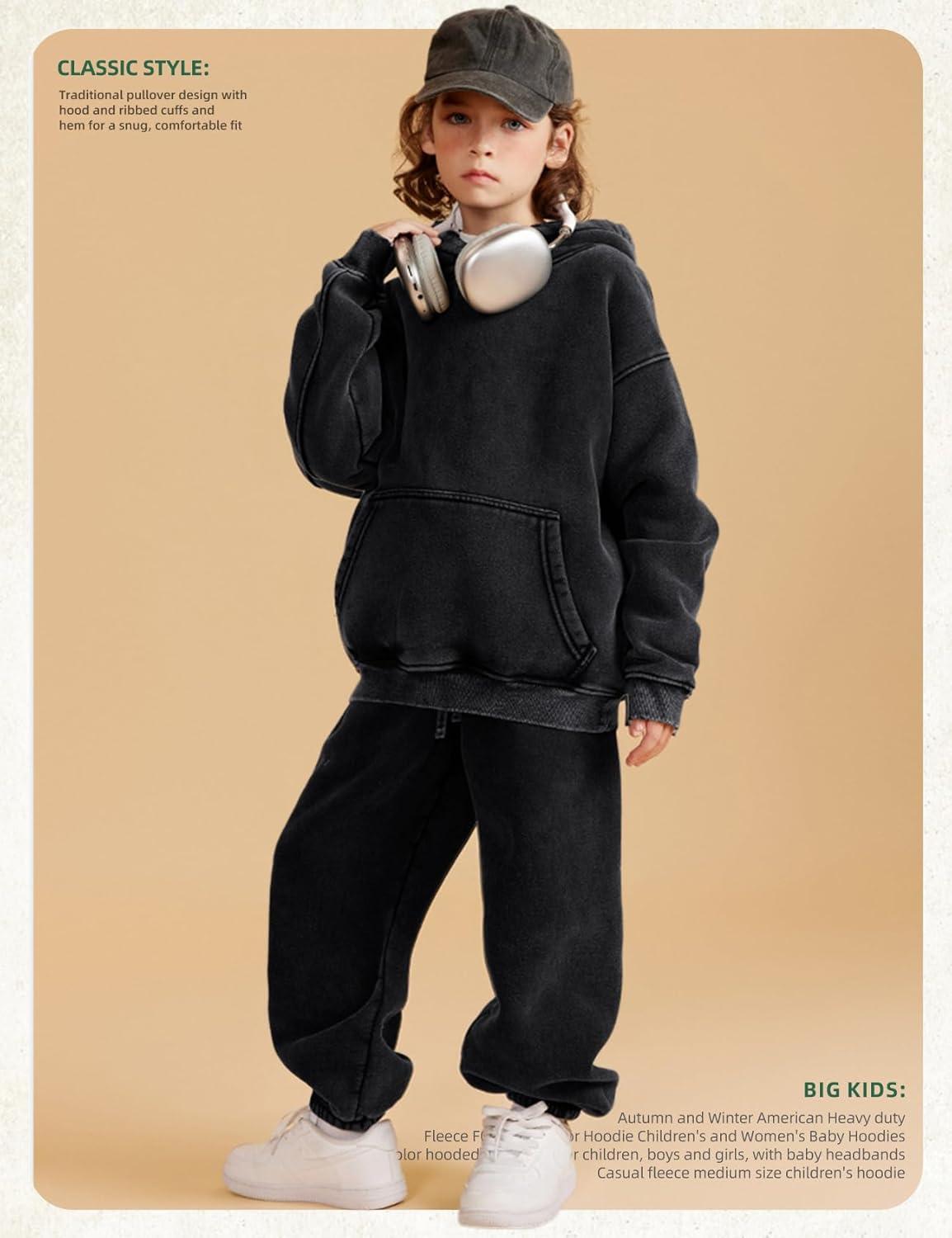 Arssm Boys Girls Fleece Lined Hoodie Kids Warm Winter Cotton Acid Washed Vintage Pullover Hooded Sweatshirt(Black)